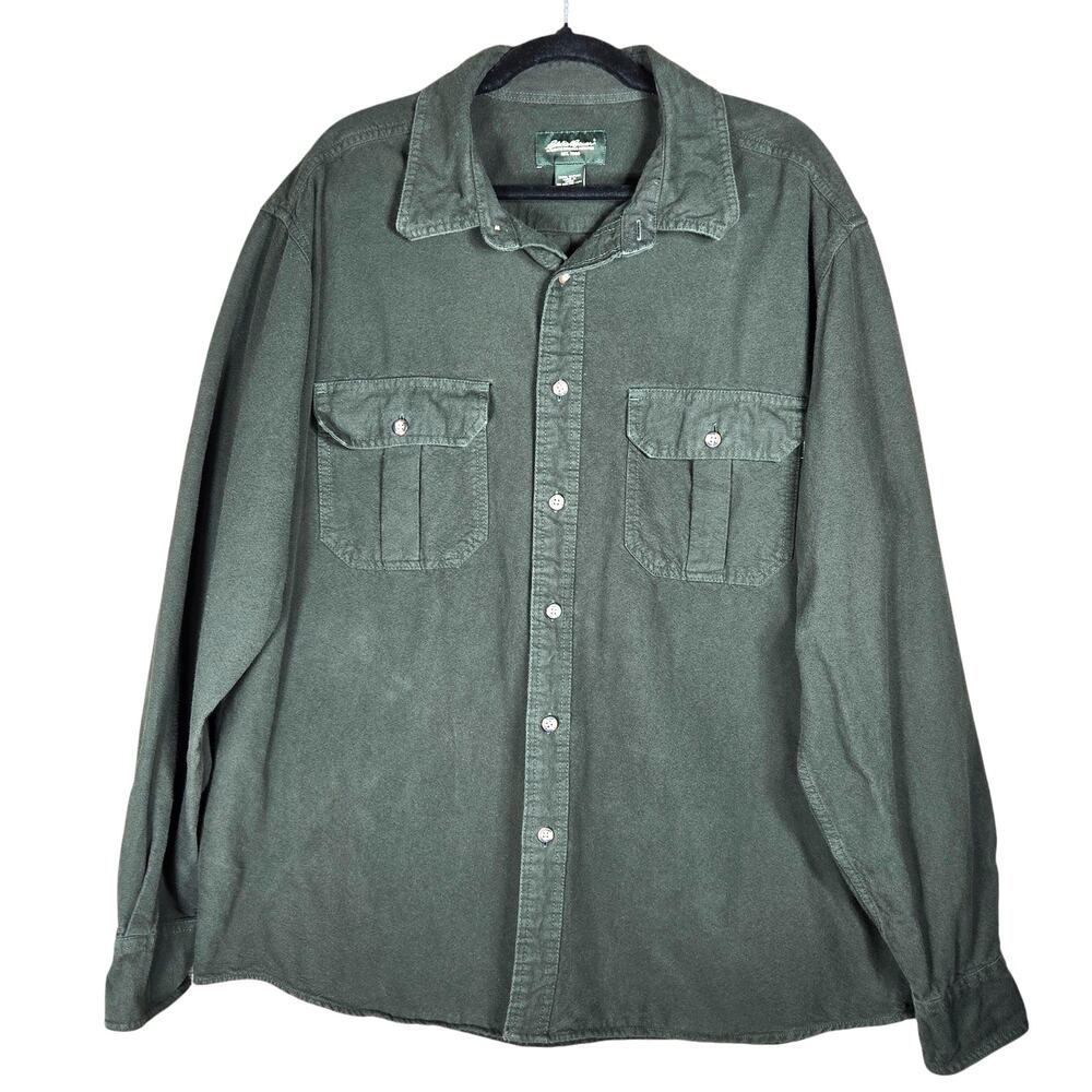Eddie‎ Bauer Chamois Shirt Mens Large Olive Green Heavy Cotton Flannel Outdoor